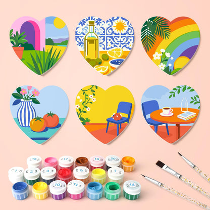 Sunlit Terrace Still Lifes paint by numbers coasters – what's in the kit: the 6 coasters, numbered paints and brushes