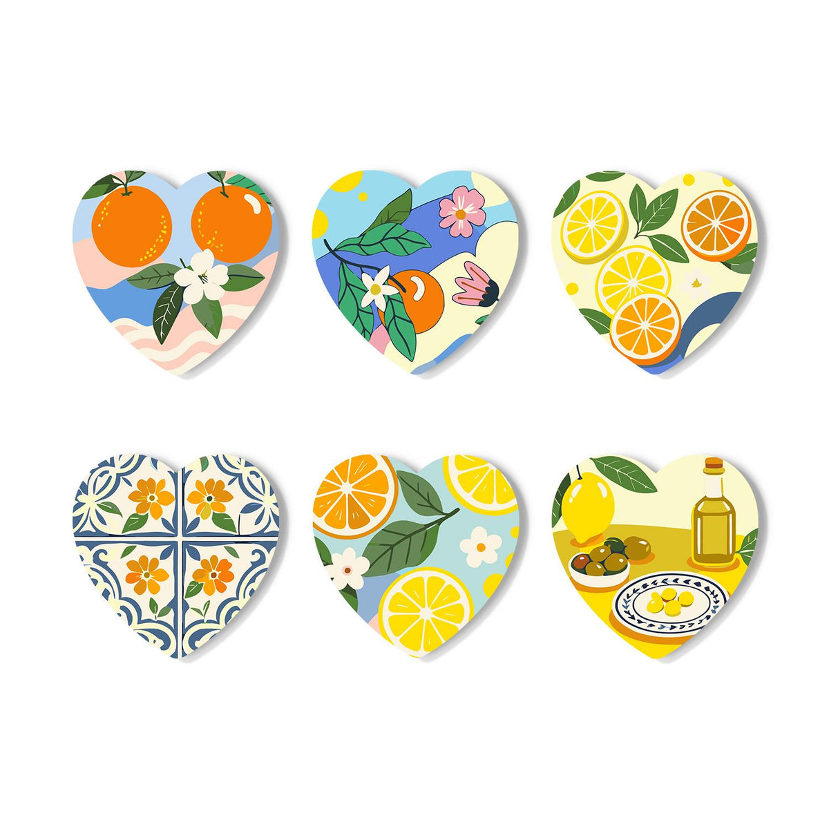 Amalfi Citrus and Blue Tiles paint by numbers coasters – Six citrus designs: oranges and blossoms, orange and lemon slices, a blue tile, and lemons with olive oil