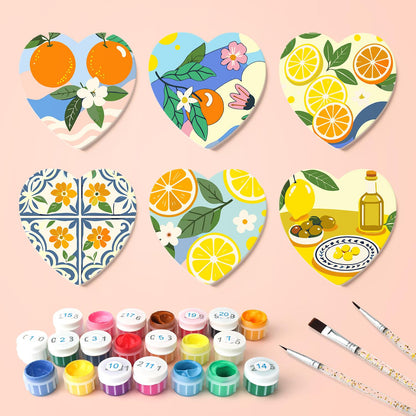 Amalfi Citrus and Blue Tiles paint by numbers coasters – what's in the kit: the 6 coasters, numbered paints and brushes
