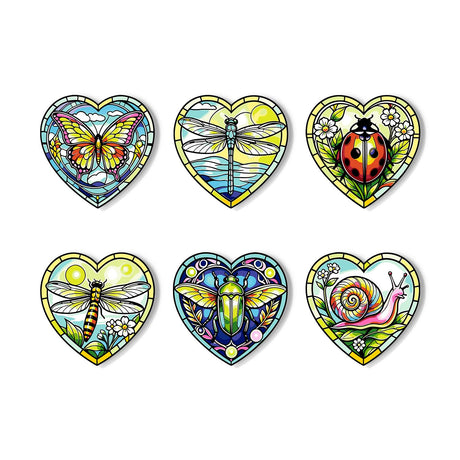 Stained Glass Garden Bugs paint by numbers coasters – Six stained-glass garden bugs among flowers: butterfly, dragonflies, ladybug, beetle and snail