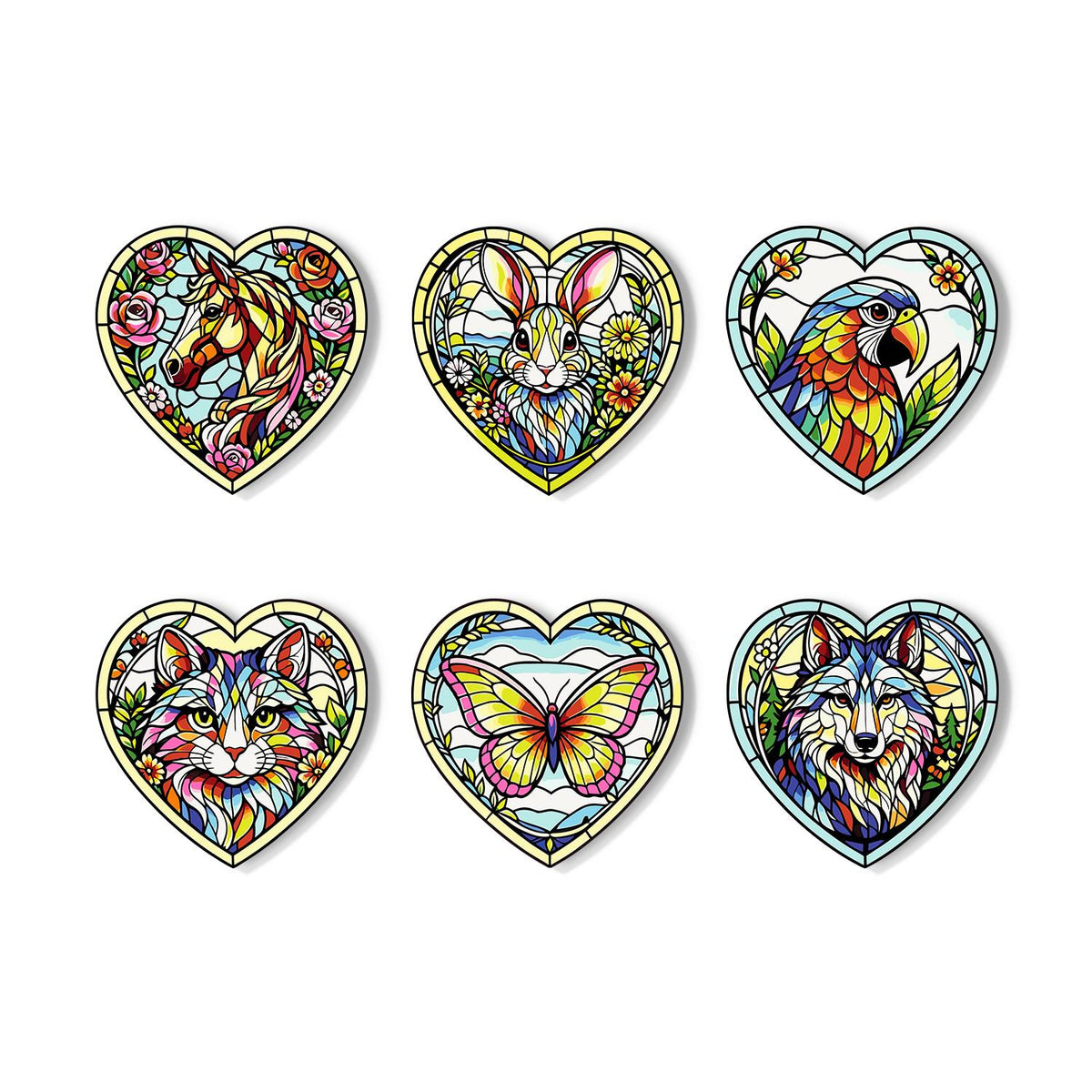 Floral Glasswork Wolf and Horse paint by numbers coasters – Six stained-glass animal portraits framed in flowers: horse, rabbit, parrot, cat, butterfly and wolf