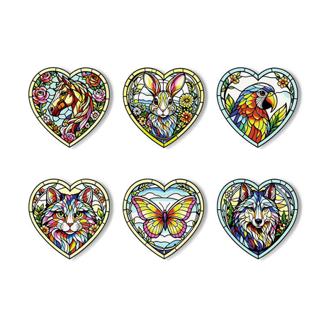 Floral Glasswork Wolf and Horse paint by numbers coasters – Six stained-glass animal portraits framed in flowers: horse, rabbit, parrot, cat, butterfly and wolf