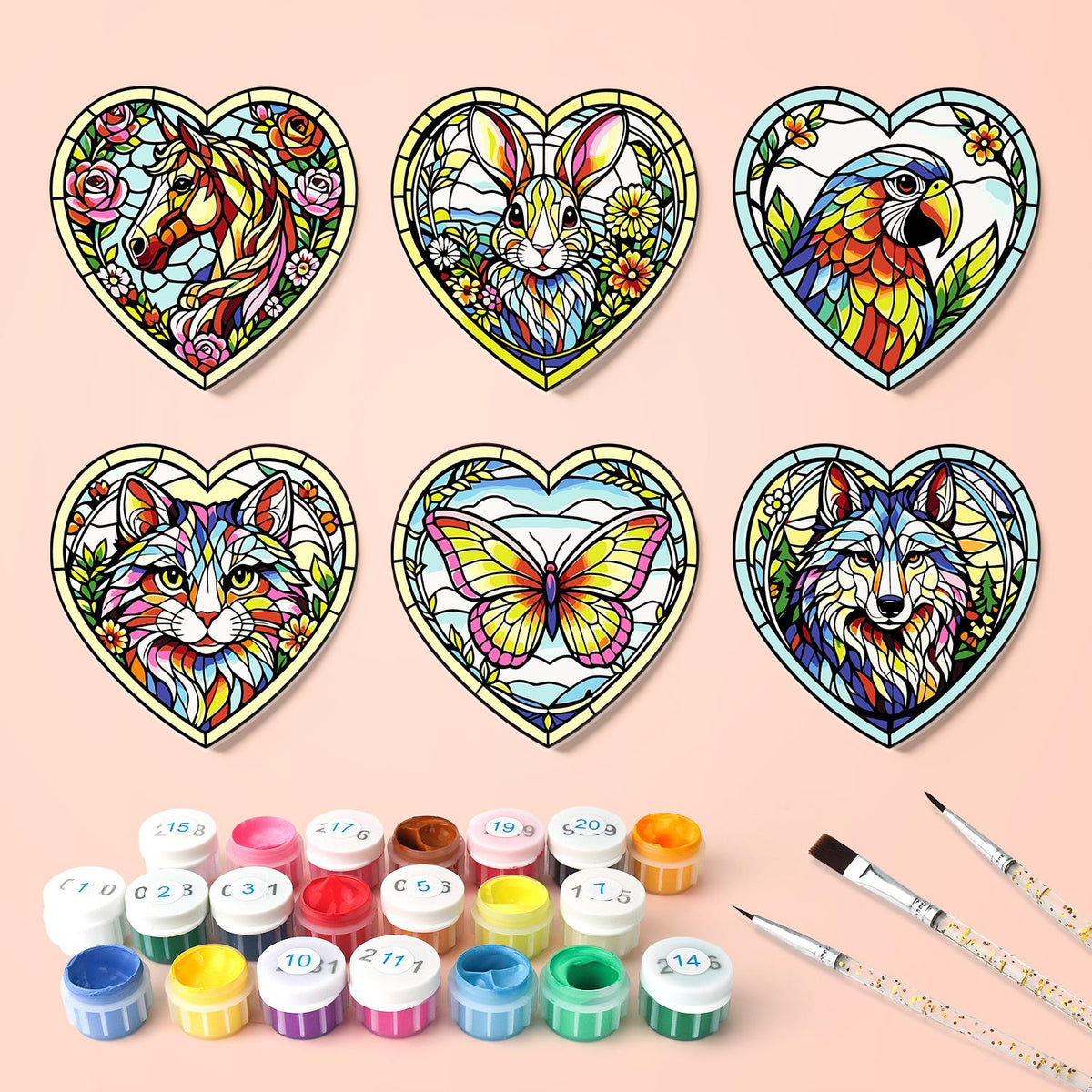 Floral Glasswork Wolf and Horse paint by numbers coasters – what's in the kit: the 6 coasters, numbered paints and brushes