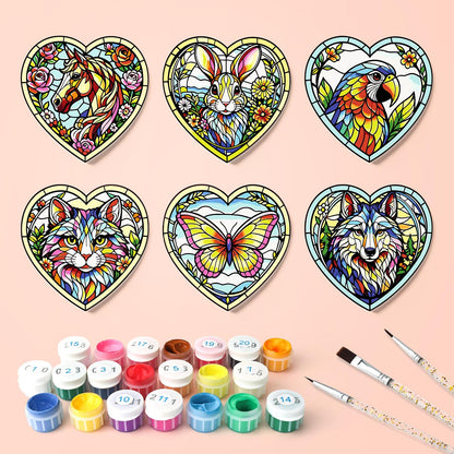 Floral Glasswork Wolf and Horse paint by numbers coasters – what's in the kit: the 6 coasters, numbered paints and brushes
