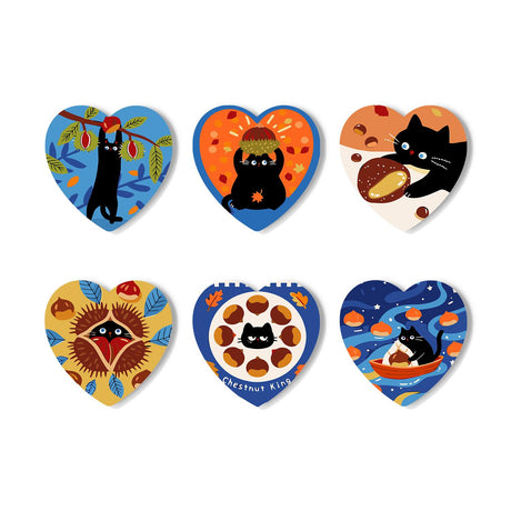 Black Cat Chestnut Autumn paint by numbers coasters – Six autumn designs of a black cat with chestnuts: in a tree, wearing a chestnut cap, in a chestnut ring and in a boat