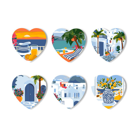 Whitewashed Greek Island Days paint by numbers coasters – Six Greek island scenes: sunset terrace, palms and sea, whitewashed lanes, blue doors, blue domes and a lemon tree