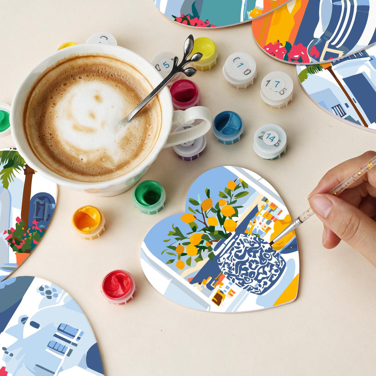 Whitewashed Greek Island Days paint by numbers coasters – image 12
