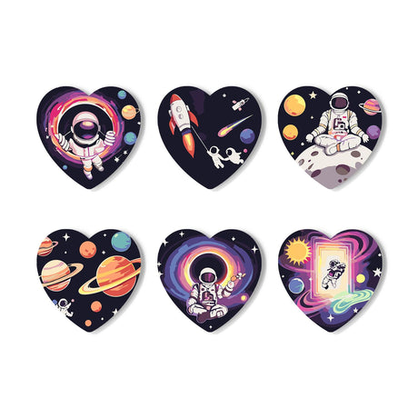Astronaut Black Hole Odyssey paint by numbers coasters – Six astronaut space scenes: purple vortex, rocket and comet, meditating on the moon, ringed planets and a portal