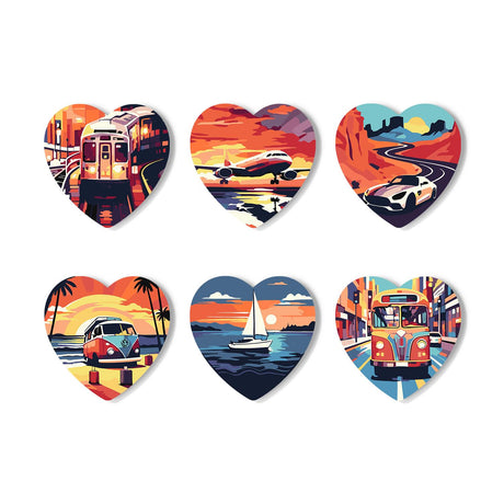 Golden Hour Road Trip paint by numbers coasters – Six sunset travel scenes: tram, airplane, car on a canyon road, camper van by palms, sailboat and city bus