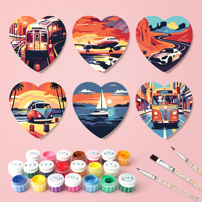 Golden Hour Road Trip paint by numbers coasters – what's in the kit: the 6 coasters, numbered paints and brushes