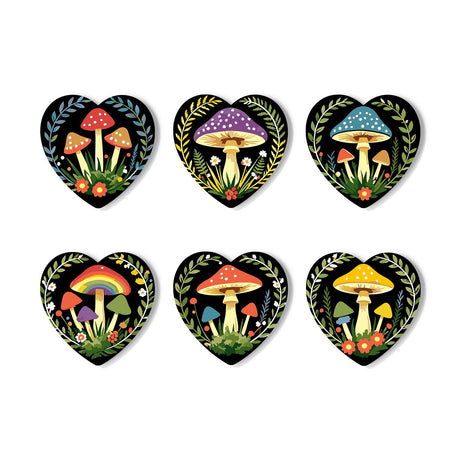 Midnight Toadstool Garden paint by numbers coasters – Six folk-art mushroom clusters on black, each framed by a leafy wreath, one with a rainbow