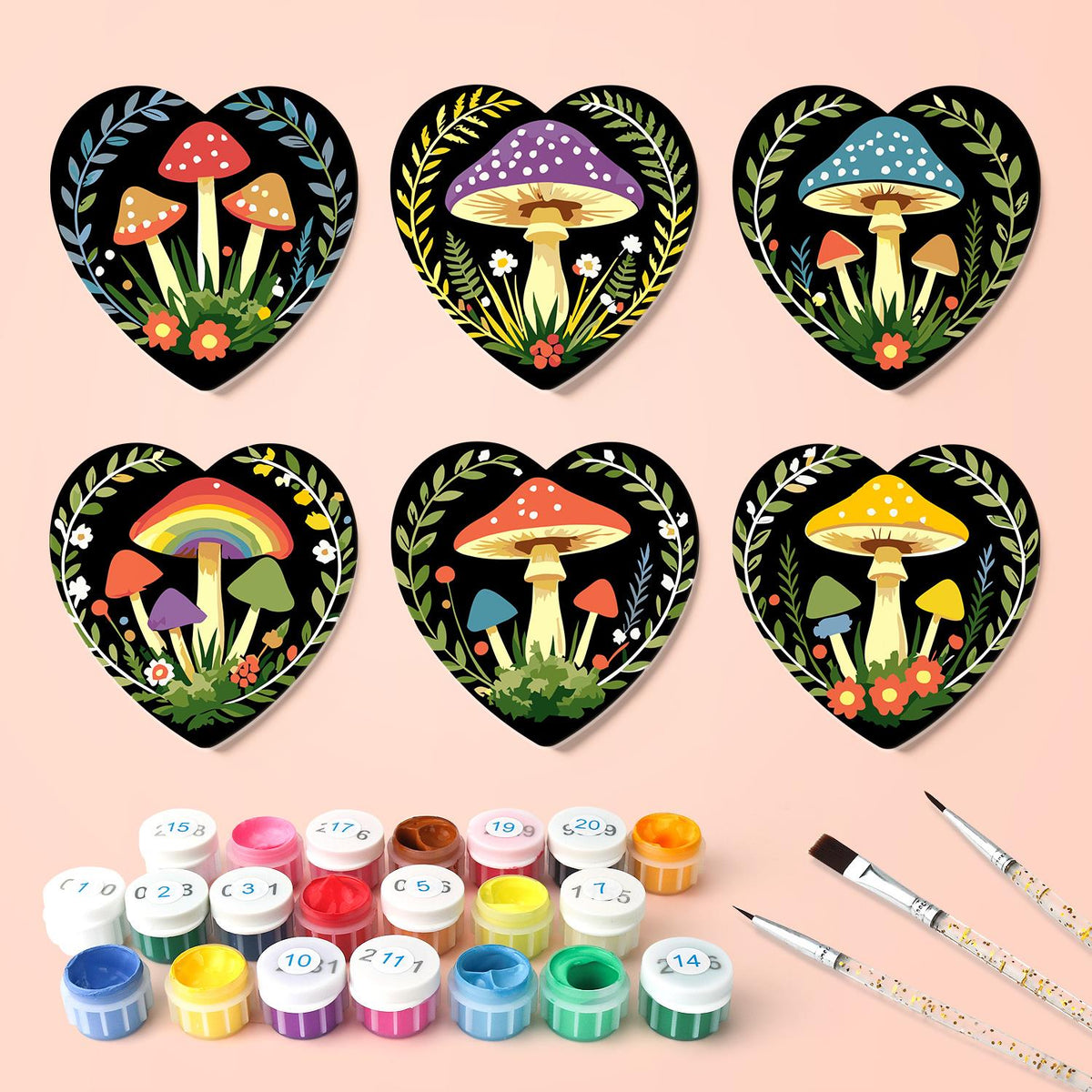Midnight Toadstool Garden paint by numbers coasters – what's in the kit: the 6 coasters, numbered paints and brushes