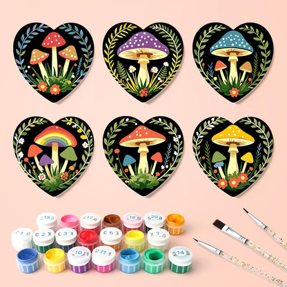 Midnight Toadstool Garden paint by numbers coasters – what's in the kit: the 6 coasters, numbered paints and brushes