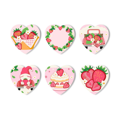 Strawberry Gnome Picnic paint by numbers coasters – Six pink strawberry designs: a berry basket, strawberry wreath, berry truck, gnome, cream cake and ripe strawberries