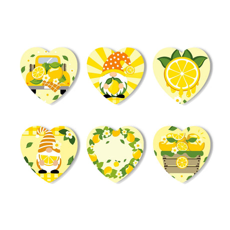 Lemon Gnome Sunshine paint by numbers coasters – Six sunny lemon designs: a lemon truck, two garden gnomes, a lemon slice, lemon wreath and crate of lemons