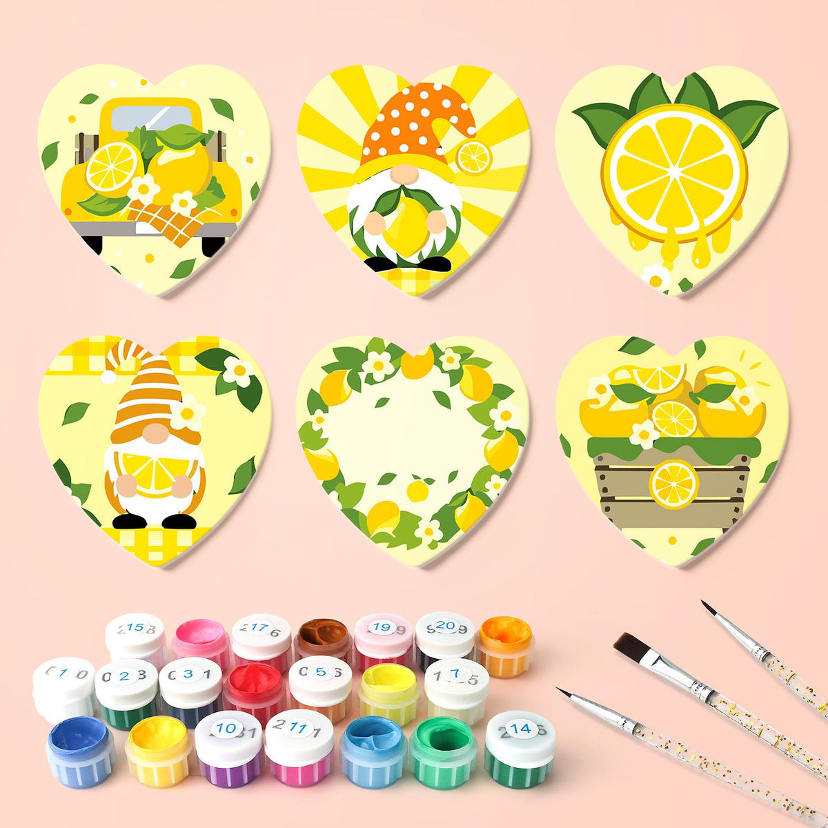 Lemon Gnome Sunshine paint by numbers coasters – what's in the kit: the 6 coasters, numbered paints and brushes