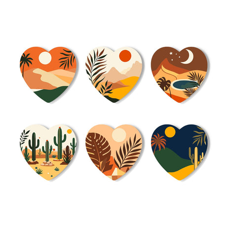 Boho Desert Dunes and Cacti paint by numbers coasters – Six boho desert scenes in terracotta and gold: sand dunes, palm fronds, a moonlit oasis and saguaro cacti
