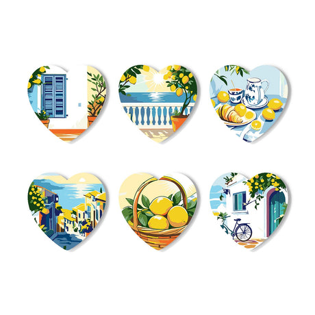 Lemon Grove Seaside Village paint by numbers coasters – Six Mediterranean lemon scenes: blue shutters, sea balcony, teapot breakfast, coastal lane, lemon basket and bicycle