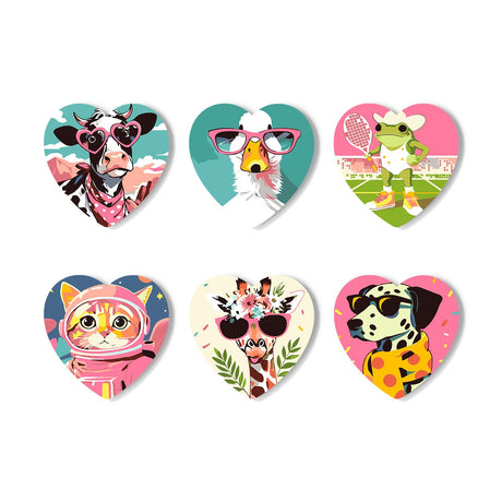 Pink Shades Animal Parade paint by numbers coasters – Six stylish animal portraits: cow and llama in pink glasses, tennis frog, cat in a helmet, giraffe and dalmatian