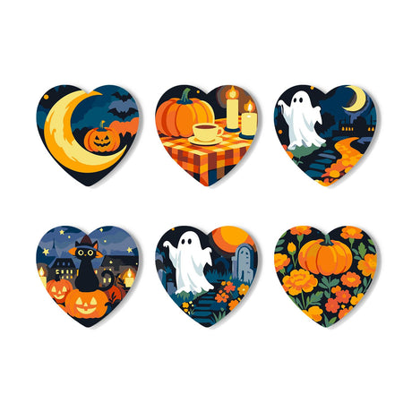 Moonlit Ghosts and Pumpkins paint by numbers coasters – Six Halloween night scenes: a jack-o'-lantern moon, candlelit pumpkin, ghosts, black cat and pumpkins in flowers
