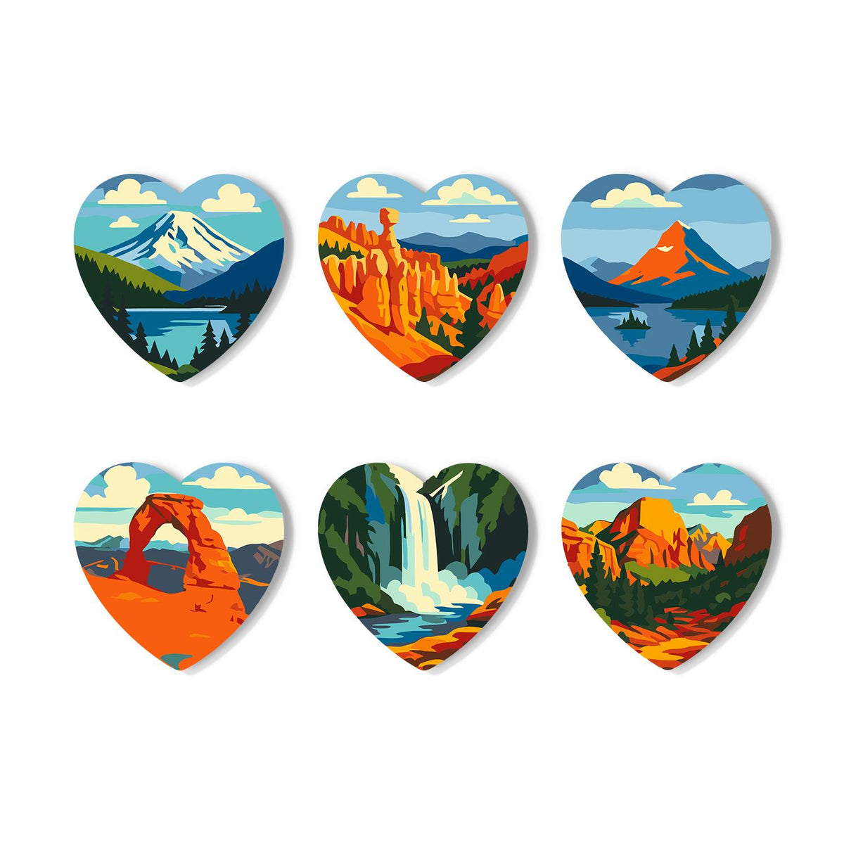 Red Rock Arches and Peaks paint by numbers coasters – Six American West landscapes: snowy volcano, hoodoo canyon, mountain lake, red rock arch, waterfall and canyon cliffs