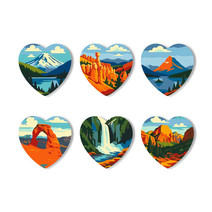 Red Rock Arches and Peaks paint by numbers coasters – Six American West landscapes: snowy volcano, hoodoo canyon, mountain lake, red rock arch, waterfall and canyon cliffs