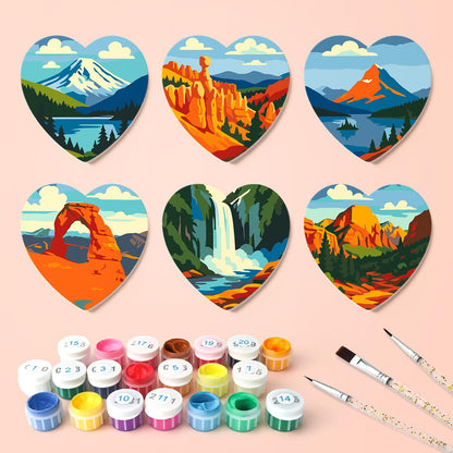Red Rock Arches and Peaks paint by numbers coasters – what's in the kit: the 6 coasters, numbered paints and brushes