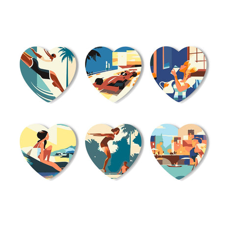 Art Deco Poolside Riviera paint by numbers coasters – Six vintage travel-poster scenes: divers by palms, sunbathers by the pool, a surfer and a riverside city skyline