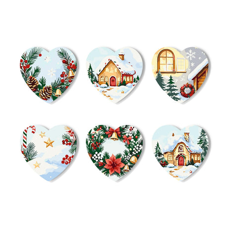 Snow-Dusted Cottage Christmas paint by numbers coasters – Six Christmas designs: holly and pinecone wreath, snowy cottages, wreathed window, candy cane and poinsettia wreath