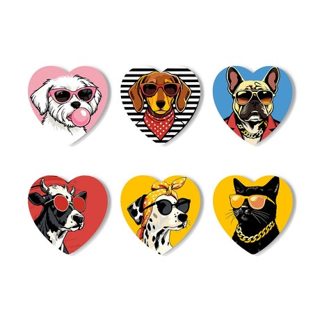 Bubblegum and Gold Chain Crew paint by numbers coasters – Six cool animals: Maltese blowing bubblegum, dachshund in a bandana, and bulldog, cow, dalmatian and cat in sunglasses