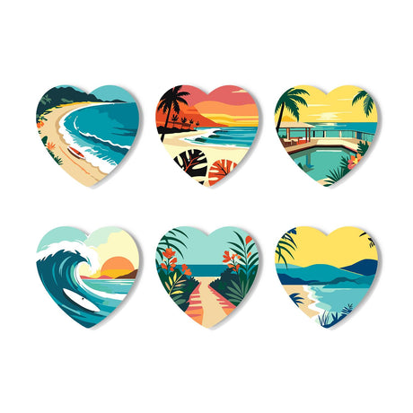 Turquoise Shore Getaways paint by numbers coasters – Six tropical beach scenes: a turquoise cove, palm sunset, poolside palms, a curling wave and a flowered sea path