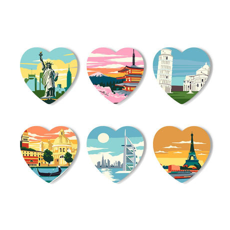 World Landmarks Postcard Tour paint by numbers coasters – Travel-poster landmarks: Statue of Liberty, Fuji pagoda, Pisa tower, Venice, Dubai skyline and the Eiffel Tower