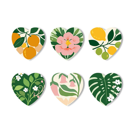 Citrus and Blossom Botanicals paint by numbers coasters – Botanical prints of oranges, a pink blossom, lemons and limes, a white-flowered vine, pink bells and a monstera leaf
