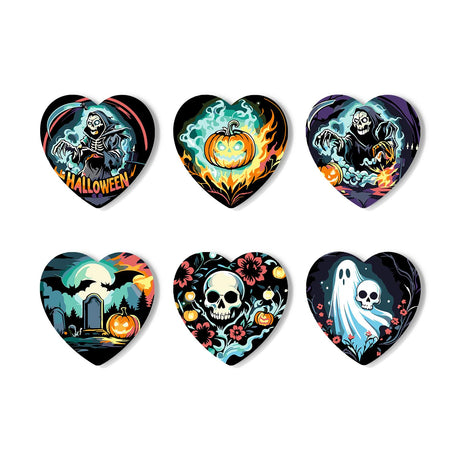 Neon Grim Reaper Night paint by numbers coasters – Neon Halloween art: grim reapers, a flaming jack-o'-lantern, a flowered skull, a moonlit grave and a ghost