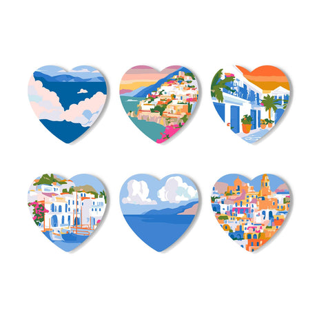 Mediterranean Cliffside Villages paint by numbers coasters – Mediterranean views: pastel clifftop towns, white houses with blue domes and blue sea under puffy clouds