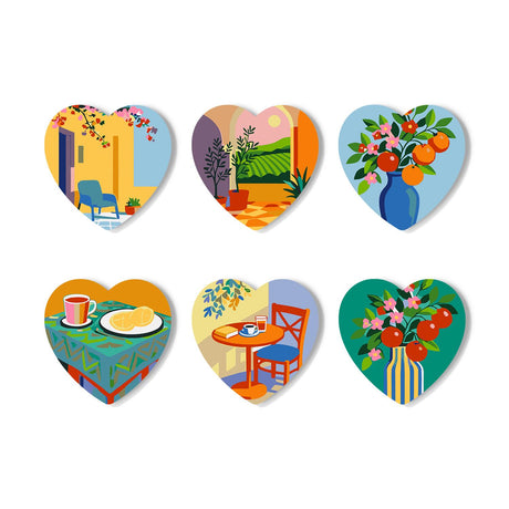 Orange Branch in a Blue Vase paint by numbers coasters – Sunny interiors: a terrace chair, a vineyard window, vases of fruit branches, a breakfast table and a red cafe chair