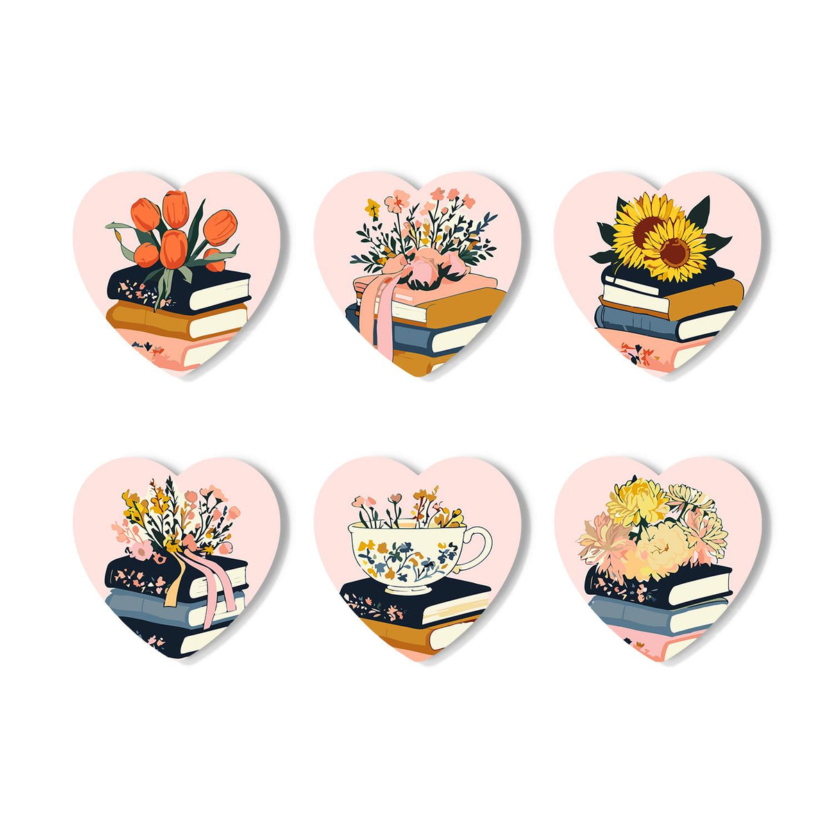 Book Stacks in Bloom paint by numbers coasters – Book stacks topped with blooms: orange tulips, a pink bouquet, sunflowers, wildflowers and a teacup of flowers