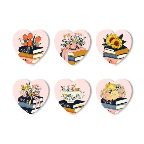 Book Stacks in Bloom paint by numbers coasters – Book stacks topped with blooms: orange tulips, a pink bouquet, sunflowers, wildflowers and a teacup of flowers