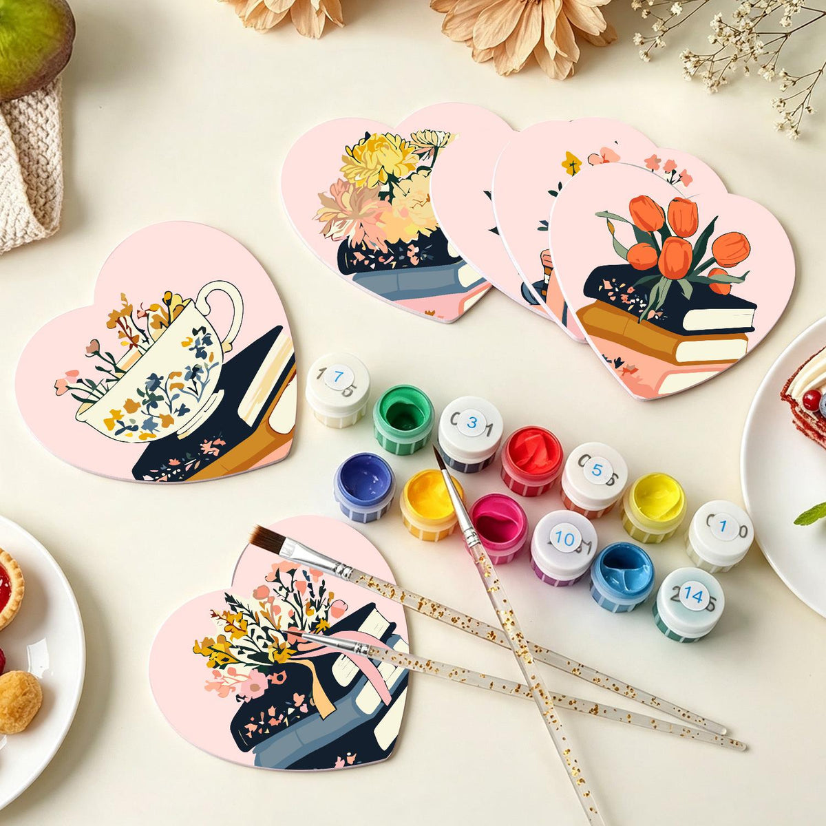 Book Stacks in Bloom paint by numbers coasters – image 7