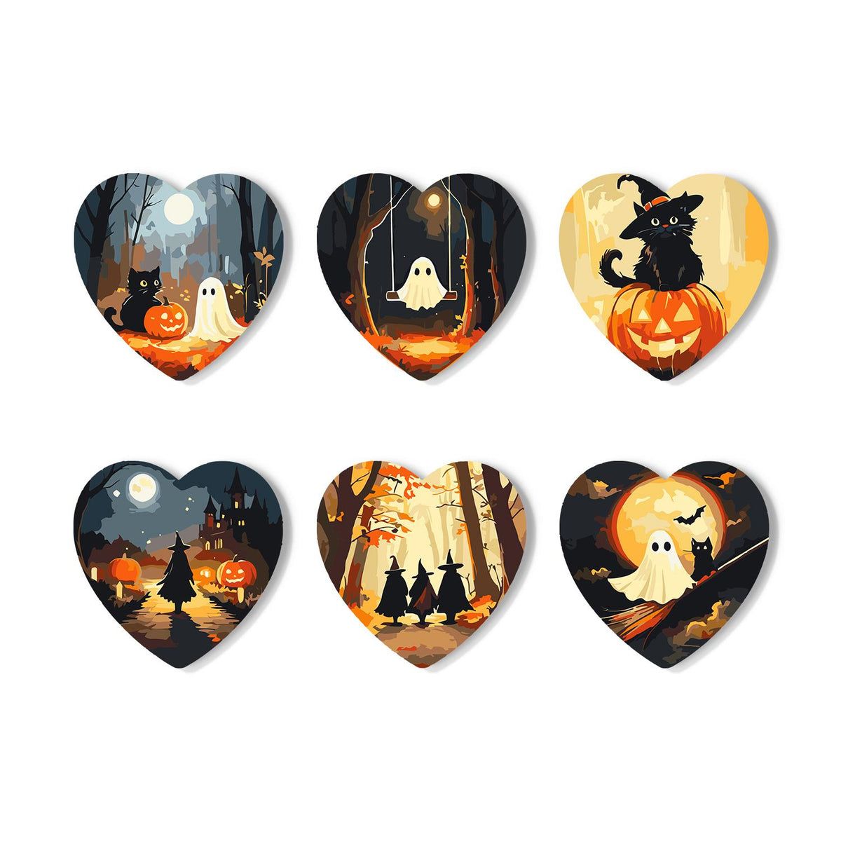 Haunted Autumn Forest Walk paint by numbers coasters – Spooky autumn woods: black cats and jack-o'-lanterns, a ghost on a swing, witches and a ghost under a full moon