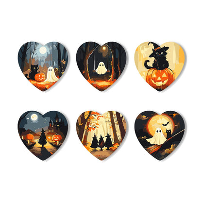 Haunted Autumn Forest Walk paint by numbers coasters – Spooky autumn woods: black cats and jack-o'-lanterns, a ghost on a swing, witches and a ghost under a full moon