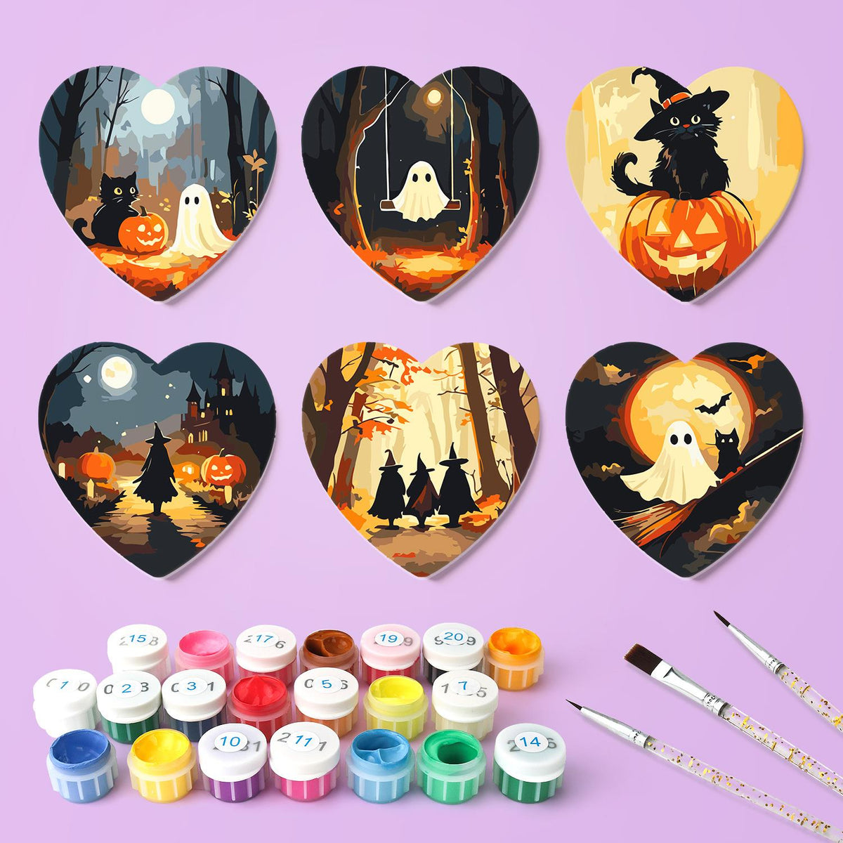 Haunted Autumn Forest Walk paint by numbers coasters – what's in the kit: the 6 coasters, numbered paints and brushes