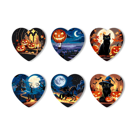 Jack-O'-Lantern Balloon Night paint by numbers coasters – Halloween nights: a pumpkin hot-air balloon, a moonlit horseman, black cats, a haunted castle and lit pumpkins