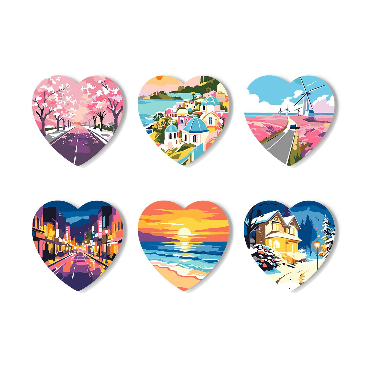 Four-Season Road Trip Views paint by numbers coasters – Road trip views: cherry blossom lane, blue-domed coast, windmill field, neon city, ocean sunset and a snowy house