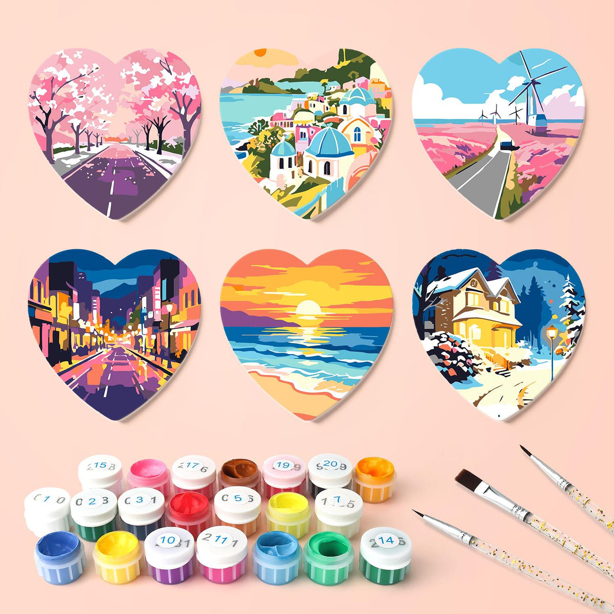 Four-Season Road Trip Views paint by numbers coasters – what's in the kit: the 6 coasters, numbered paints and brushes