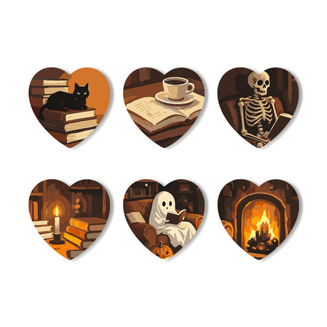 Haunted Library Reading Nook paint by numbers coasters – Spooky library nook: a cat on books, coffee and a novel, a skeleton, a candle, a ghost reading and a fireplace