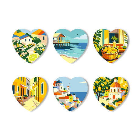 Lemon Grove Village Lanes paint by numbers coasters – Lemon-filled village views: a flowered cottage, a pier hut, a lemon basket, a yellow alley, blue domes, lemon trees