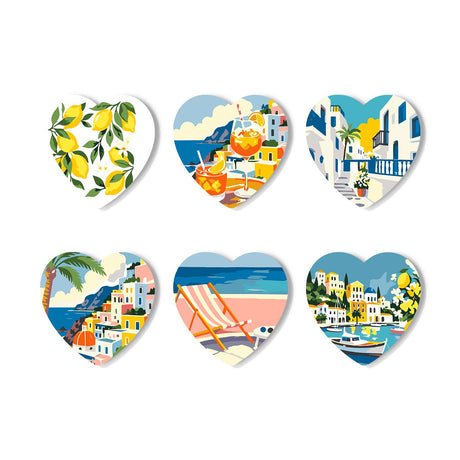 Lemon Spritz Island Summer paint by numbers coasters – Island summer: lemons, an orange spritz, white stairs, a cliff village, a striped deck chair and a harbor town