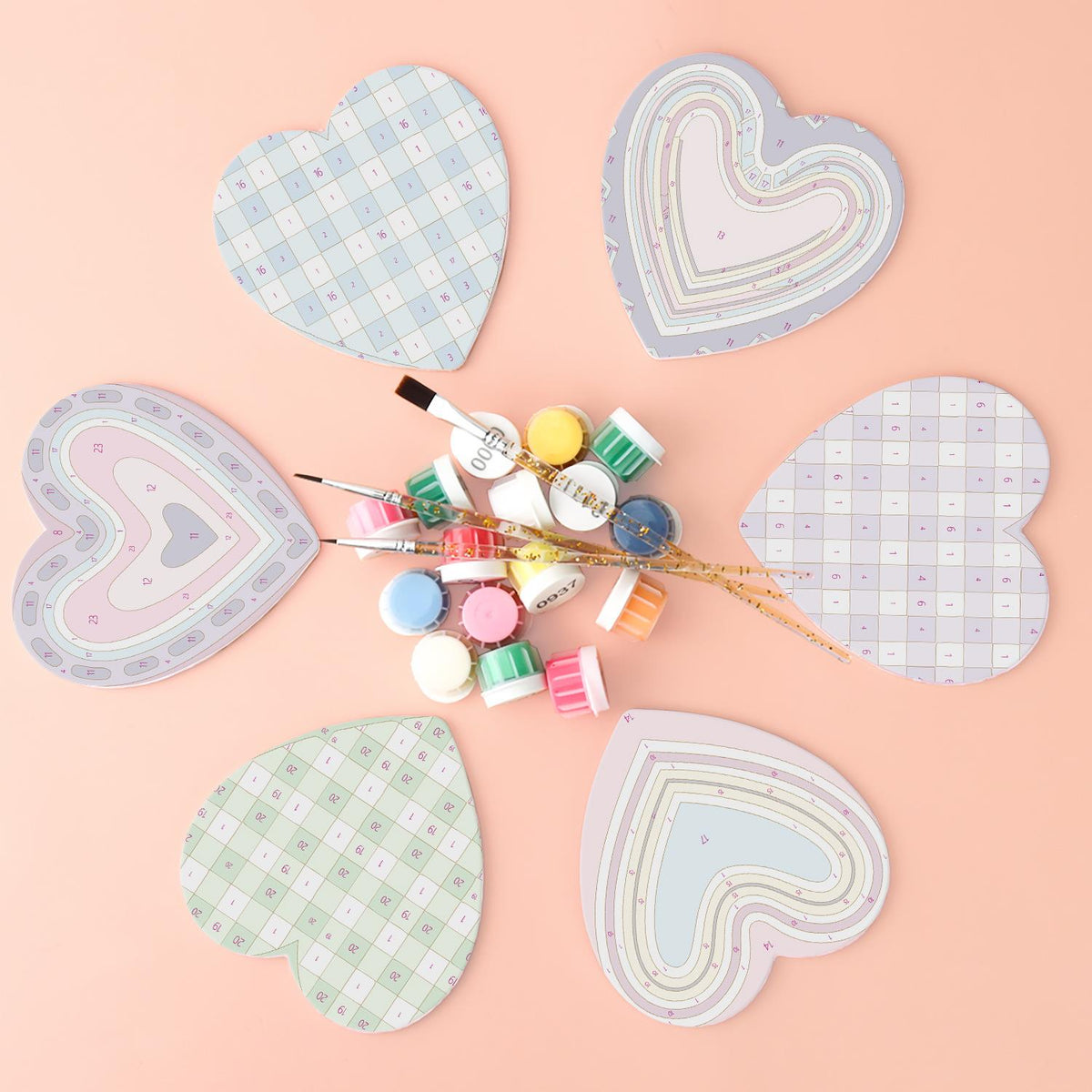 Pastel Gingham and Nested Hearts paint by numbers coasters – image 2