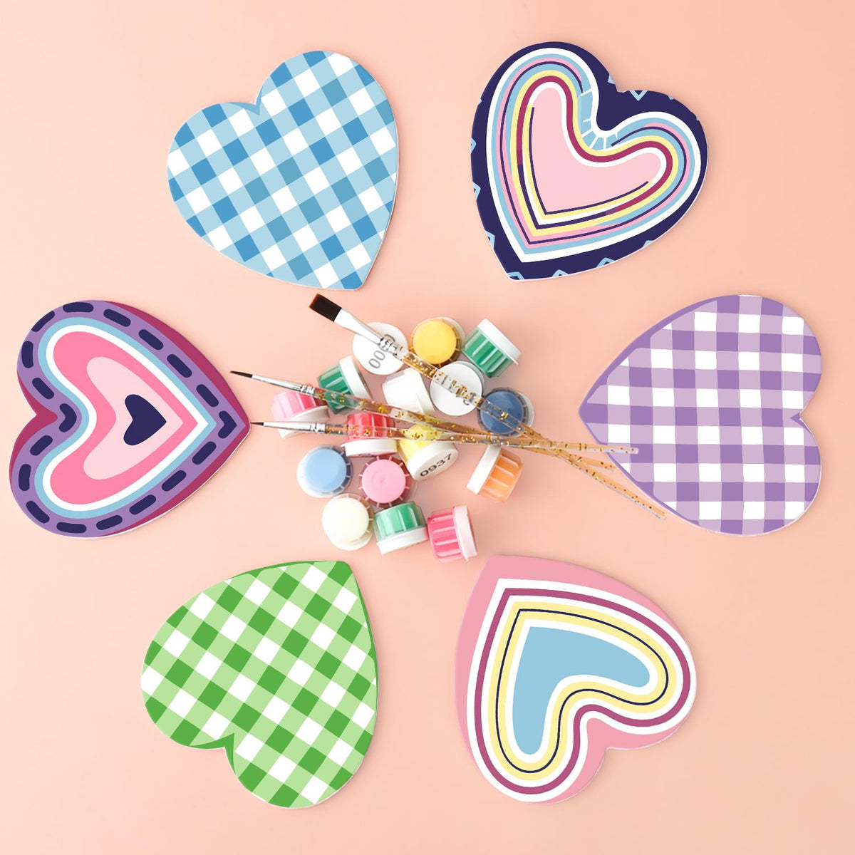 Pastel Gingham and Nested Hearts paint by numbers coasters – image 3